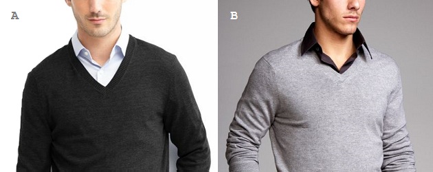 Style Debate: Button up under a v-neck… collar in, or out? Style Debate: Button up under a v-neck… collar in, or out?