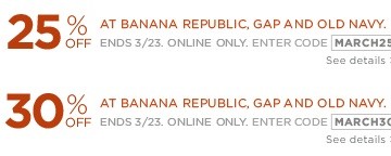 Banana Republic / Gap / Old Navy 20 – 30% off Sale