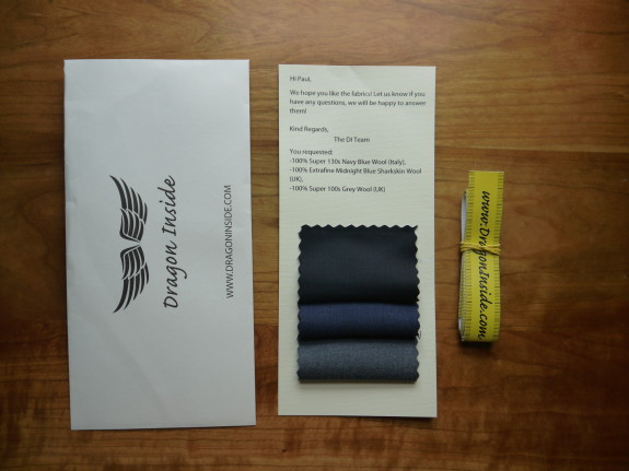 Inner envelope, swatches, measuring tape (in centimeters, not inches).