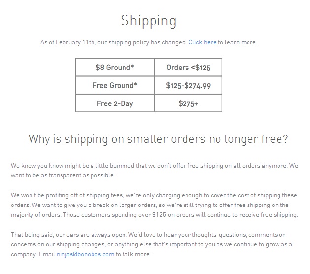 bonobos shipping changes and charges feb 11