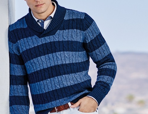 BB Supima Cotton Striped Shawl Collar Cable Sweater