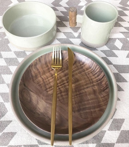 Aster&Olive Hand Painted Ceramic & Black Walnut Dinnerware Set