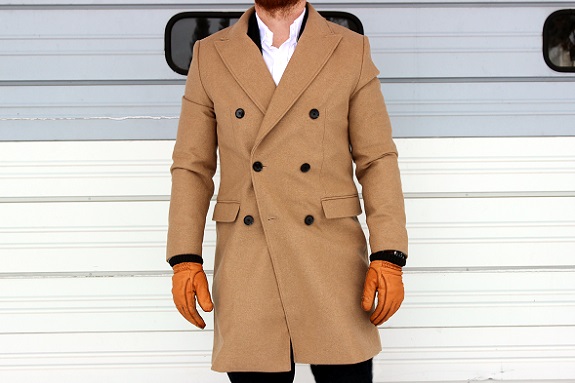 Mens Camel Wool Covert Overcoat Warm Winter Mod Single Breasted Cromby Coat with Gold Satin Lining 