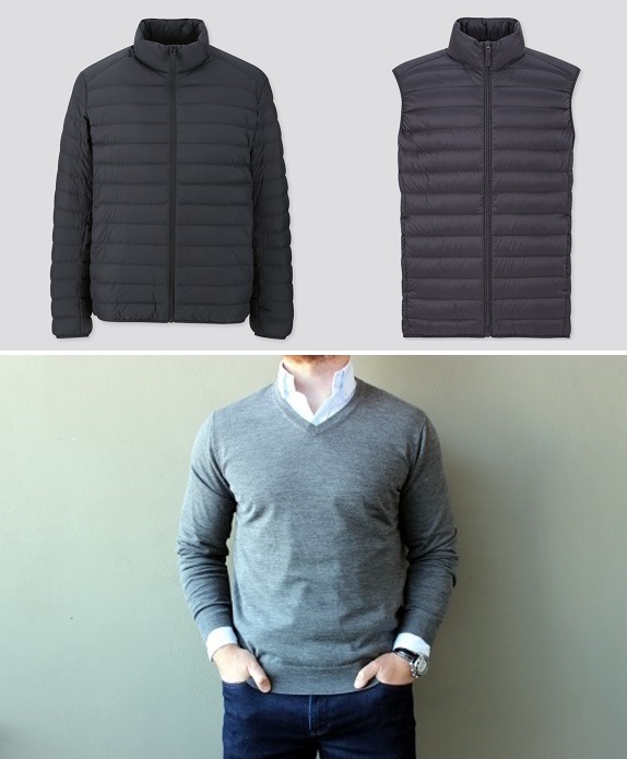 Uniqlo ultra light down coat and vest and merino v-neck sweater
