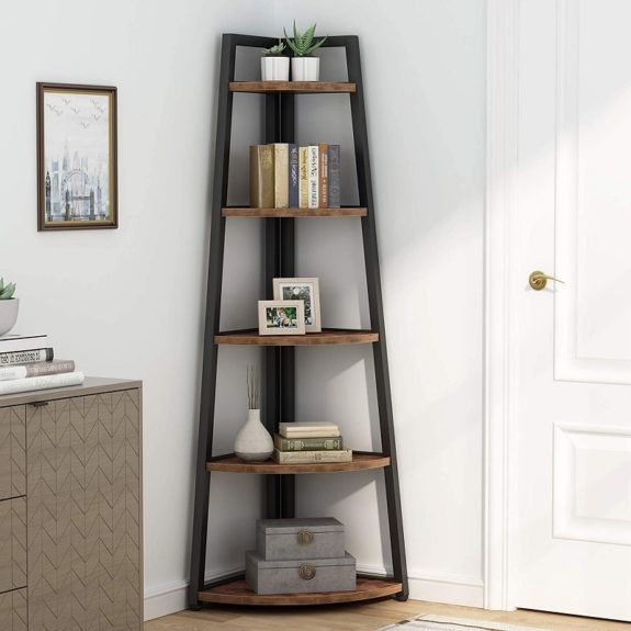 Rustic 5 Tier Tall Corner Shelf Bookshelf