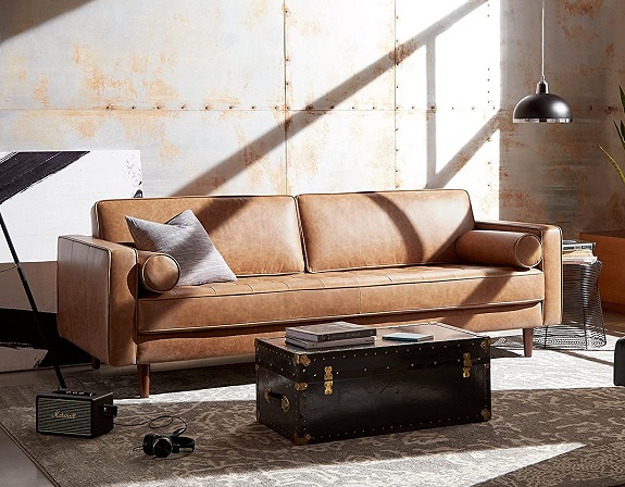 Amazon Exclusive Aiden Mid-Century Top Grain Cognac Leather Modern Sofa