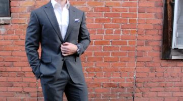 The Versatile Medium Gray Suit 3 Ways: #2 – Tieless with a pocket square