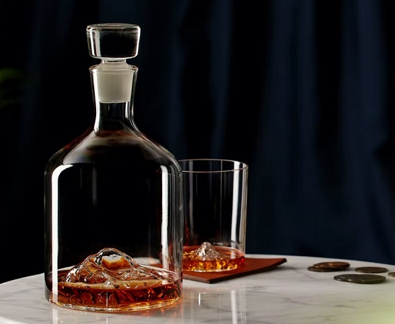 Whiskey Peaks decanter and glass