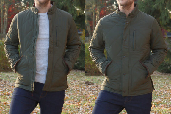 JCrew Sussex Jacket Side By Side Comparison of Zipped versus Unzipped