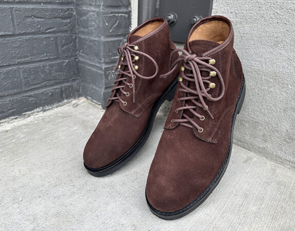 J. Crew Field Boots in Brown Suede leaning against wall