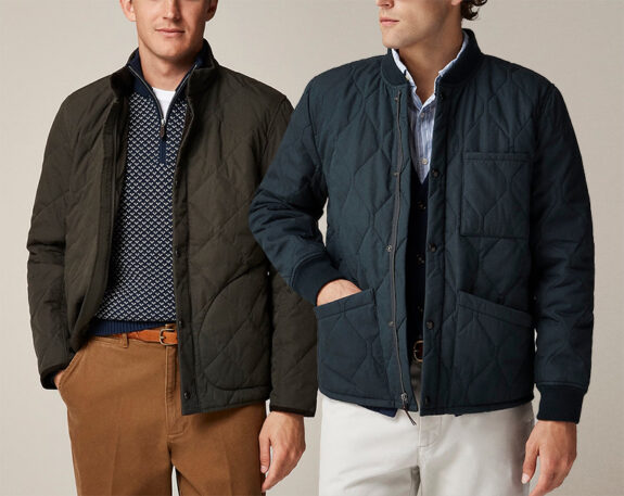 Two men wearing J. Crew Quilted Sussex and Flight Style Jackets